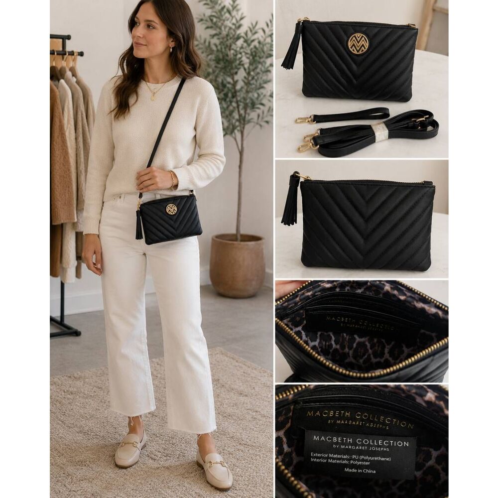 MacBeth Collection by Margaret Josephs Black Quilted Crossbody Wristlet Clutch B